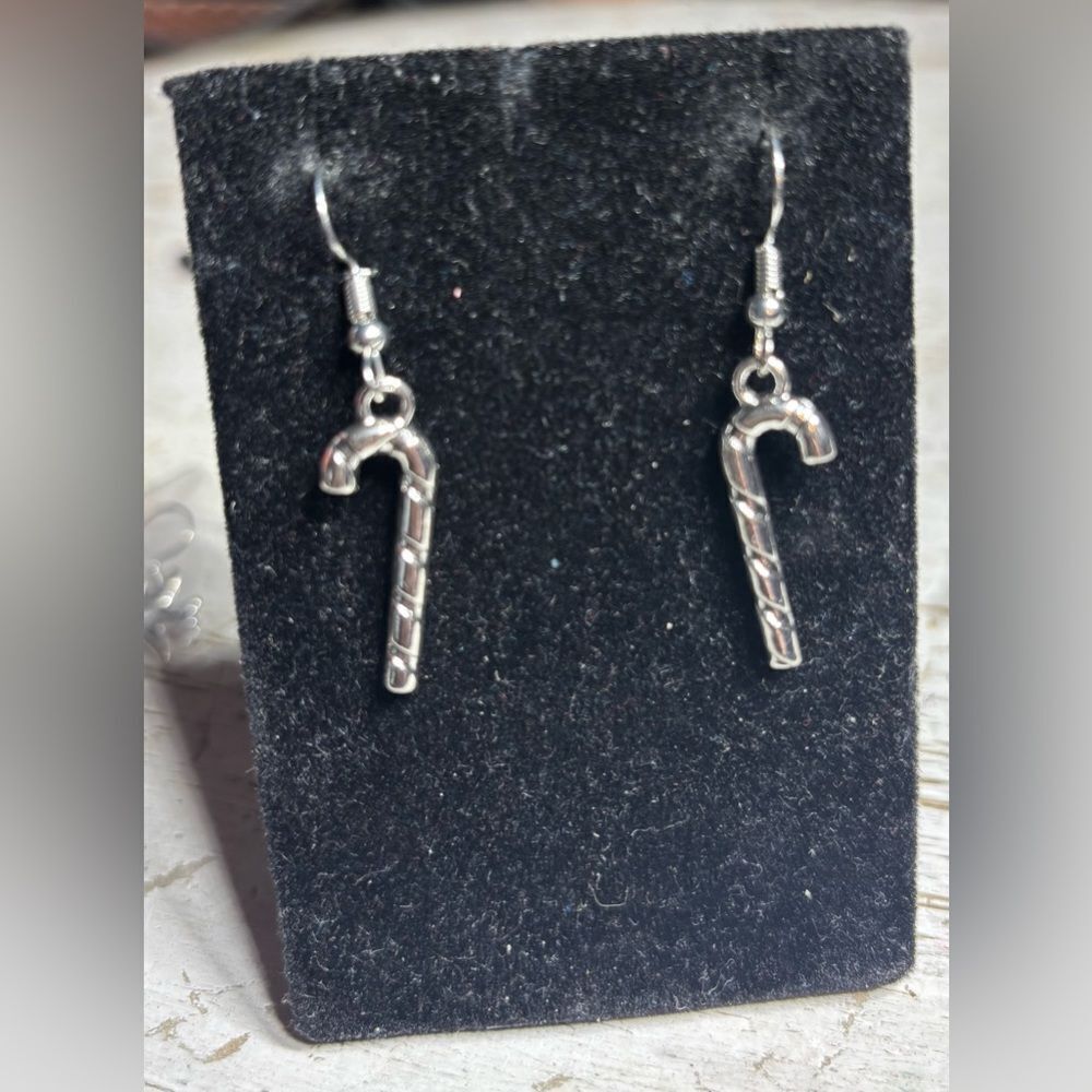 New Christmas Candy Cane Dangle Earrings Silvertone